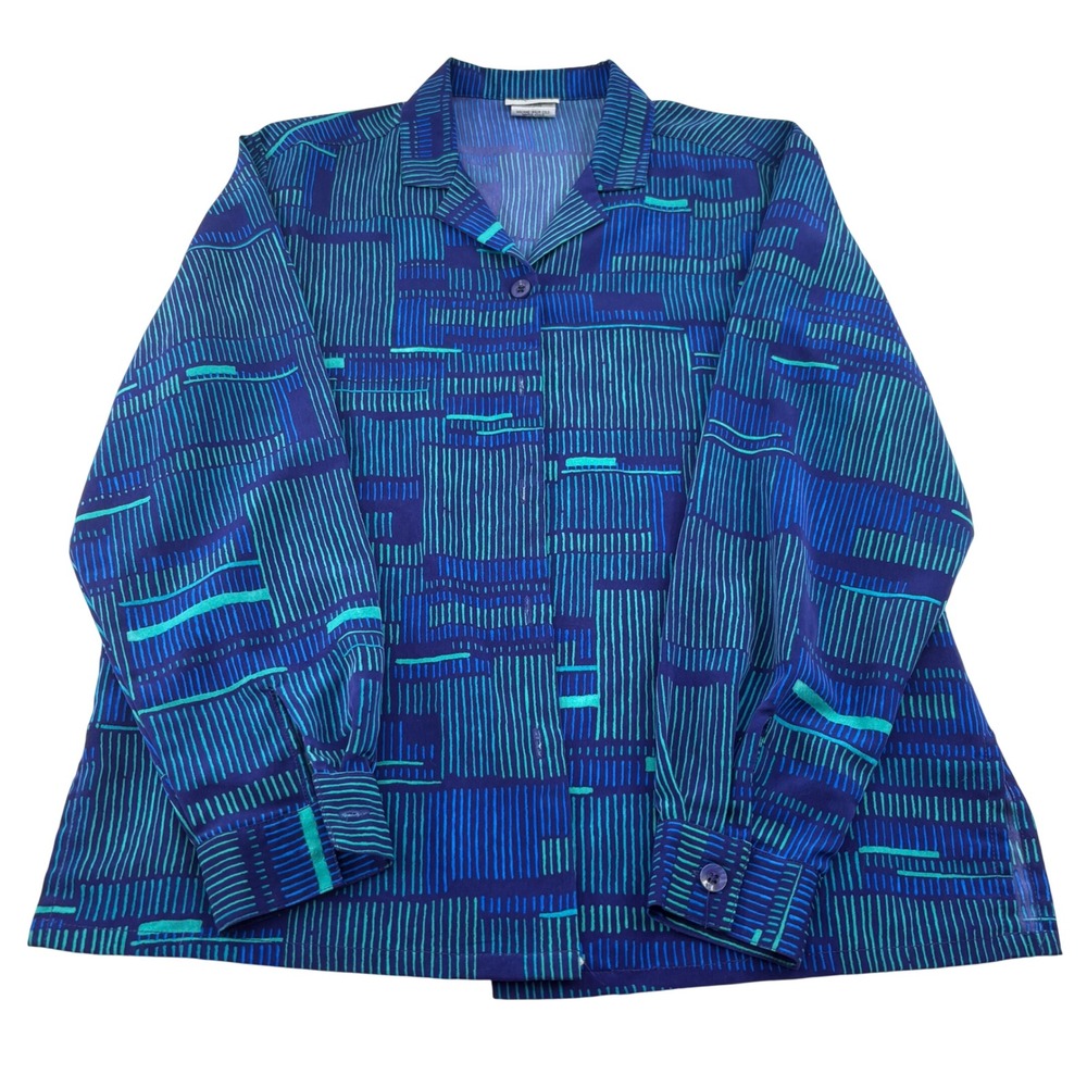 Bon Worth Blue Teal‎ Geometric Stripe Button Up Shirt Women's Medium Vintage